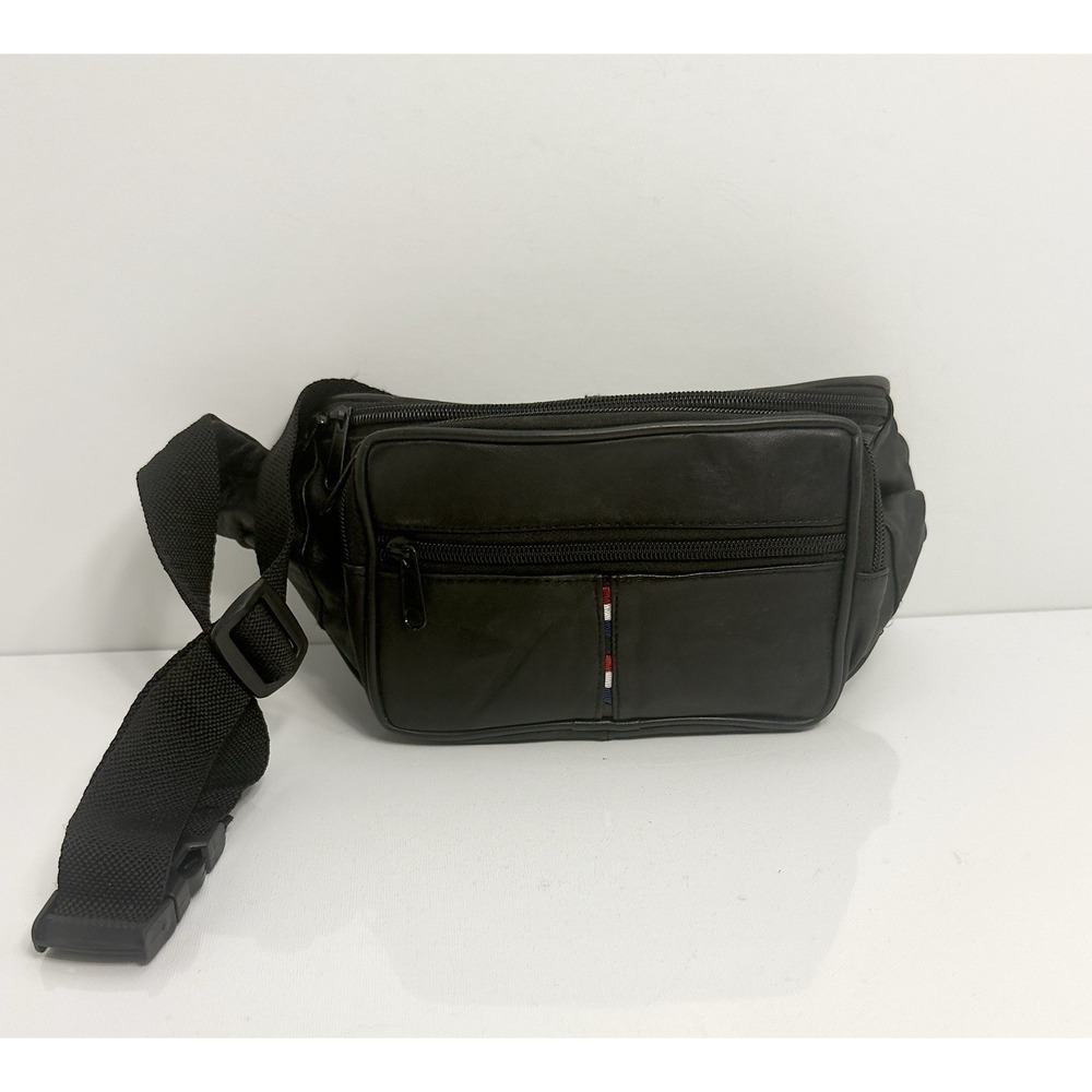 Men Black Leather Fanny Pack Waist Bag Multi-Pocket Belt Pouch Hiking Travel Gym